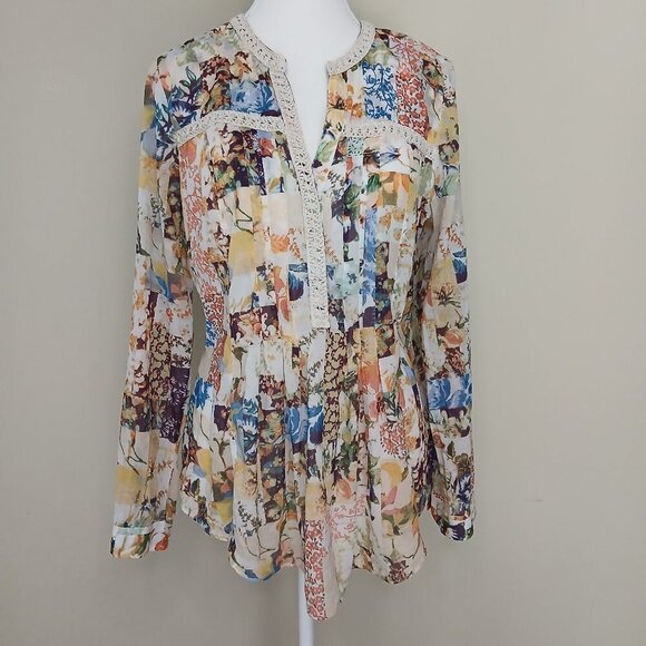 Anthropologie Maeve Abella Floral Pintuck Patchwork Blouse Size 10 - Picture 2 of 8